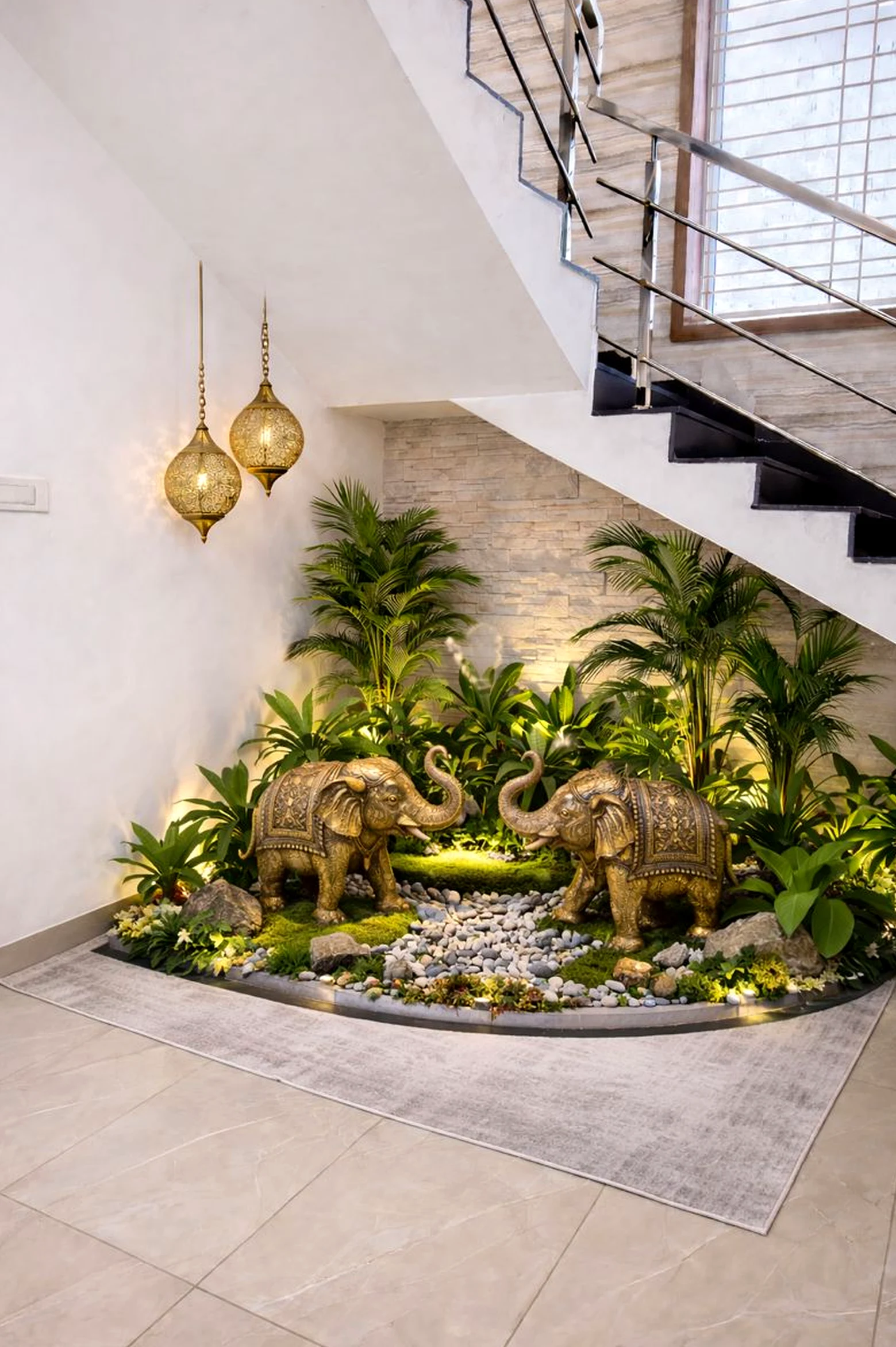 Calm stone path frames the composition with ease, making the scene feel simple yet expressive.