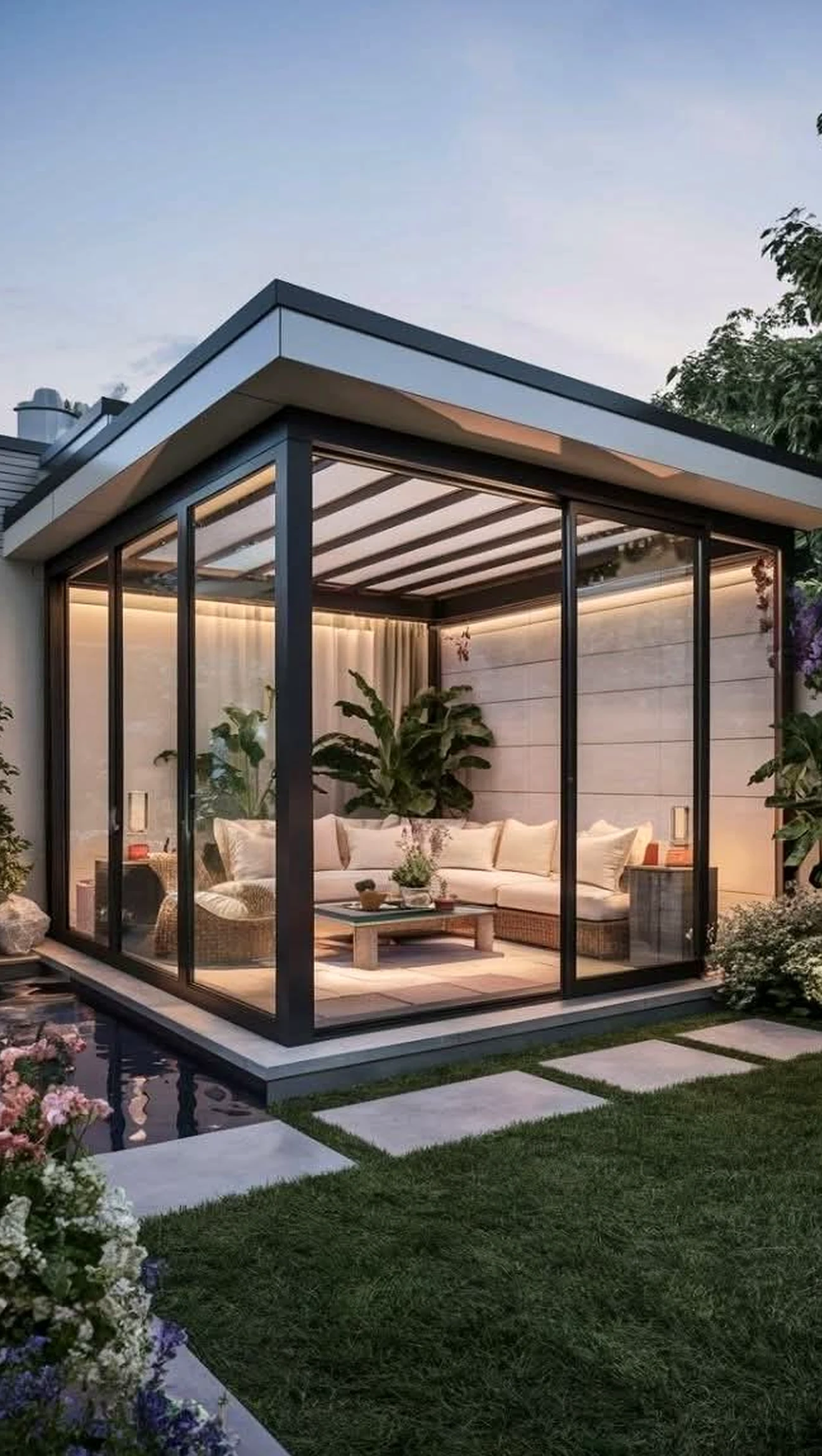 Elegant wooden deck supports the room through shape, leaving the space feeling clear and inviting.