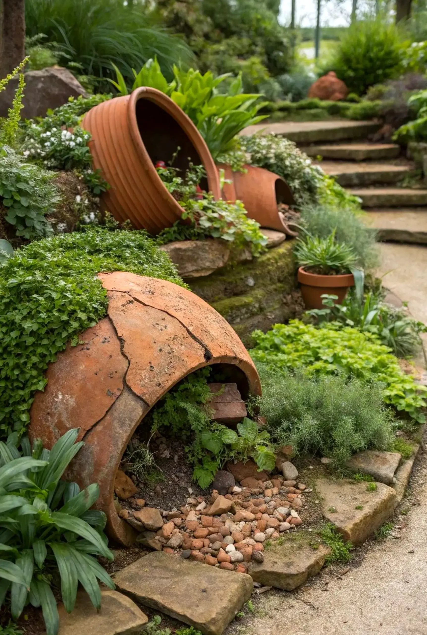 Polished wall niche adds personality across the garden edge, giving the decor a finish that feels open and lived-in.