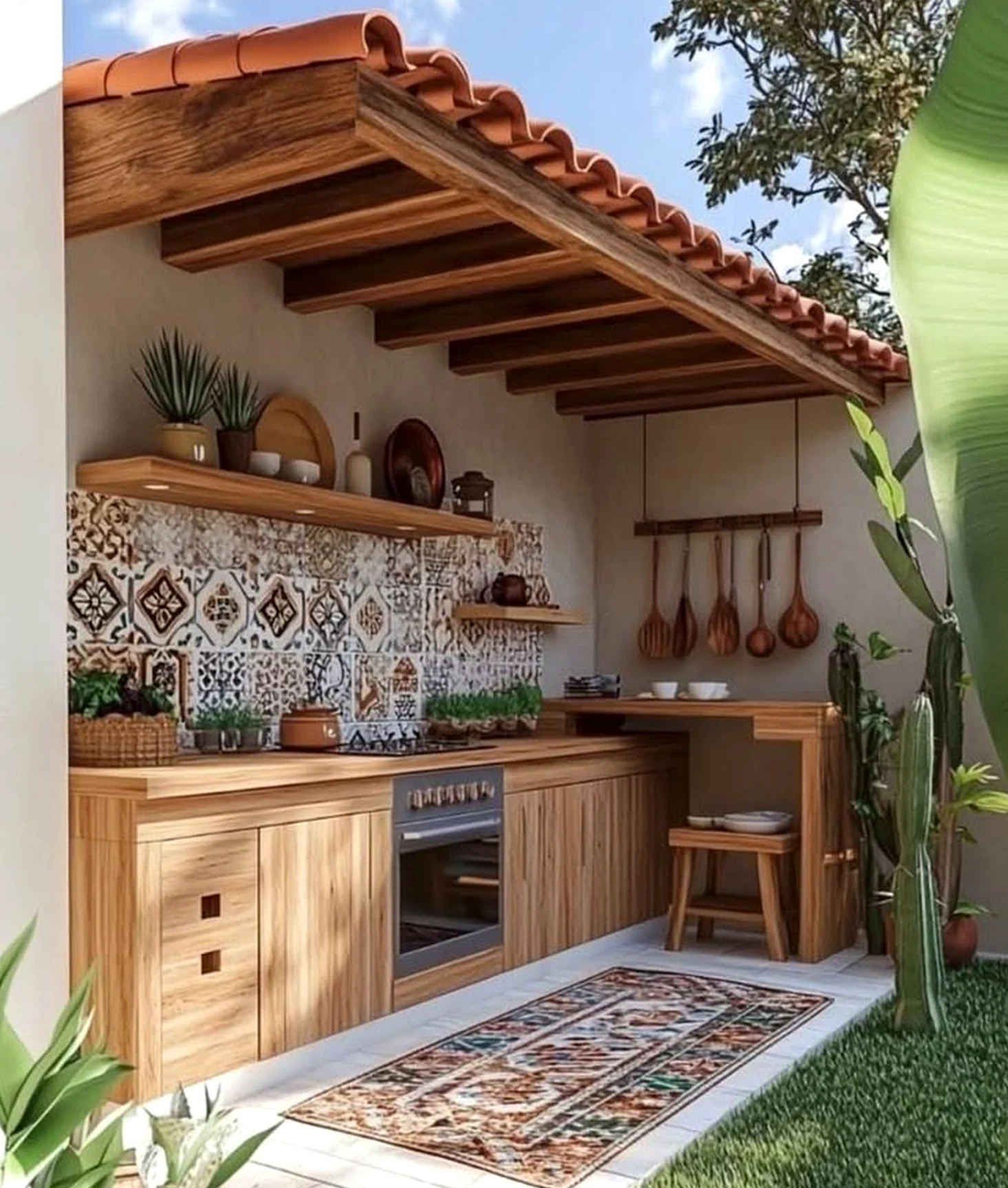 Fresh porch bench brings a useful note of contrast, making the setting feel quietly finished.