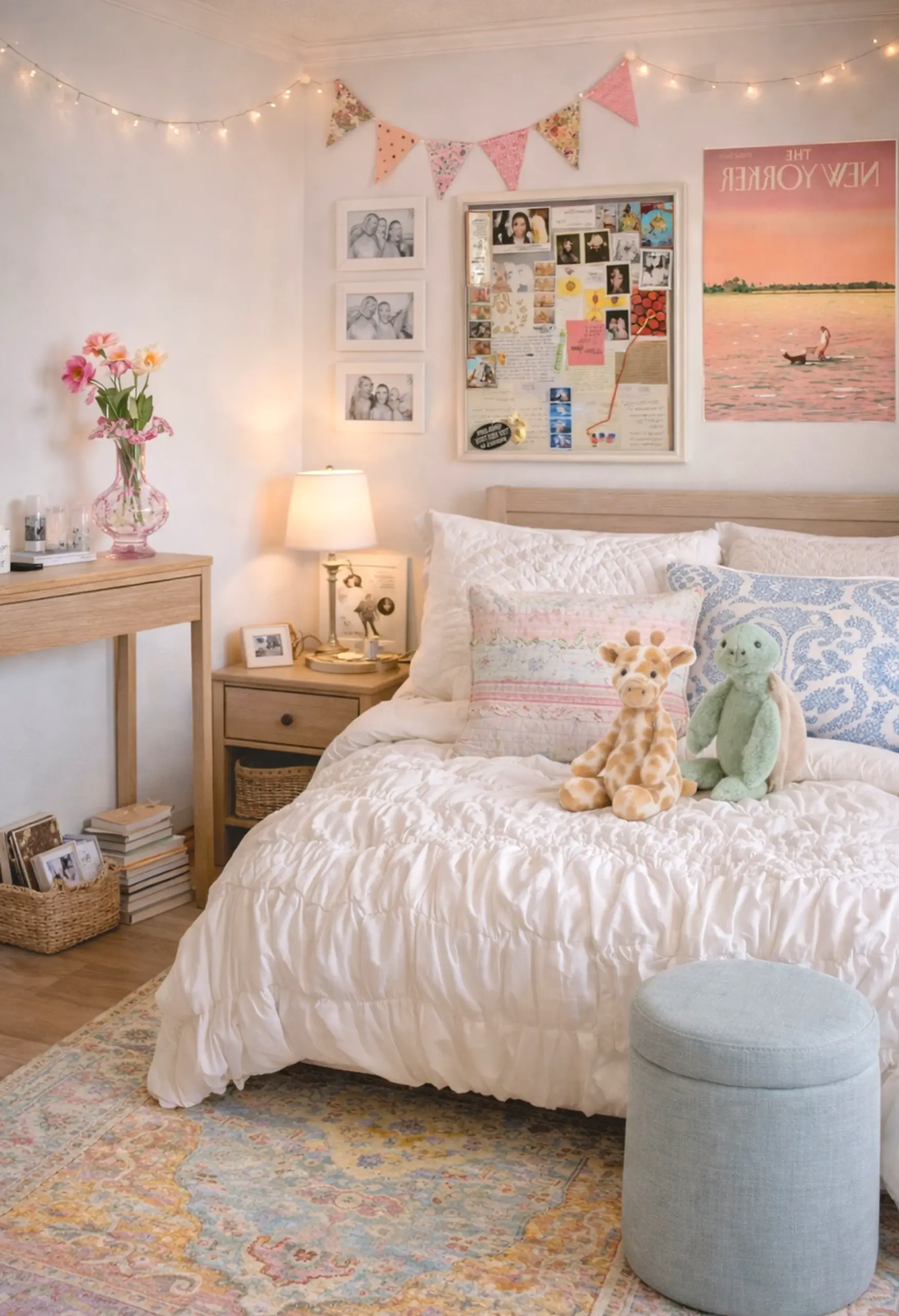 Graceful flower arrangement adds detail across the wall, giving the decor a finish that feels quietly finished.