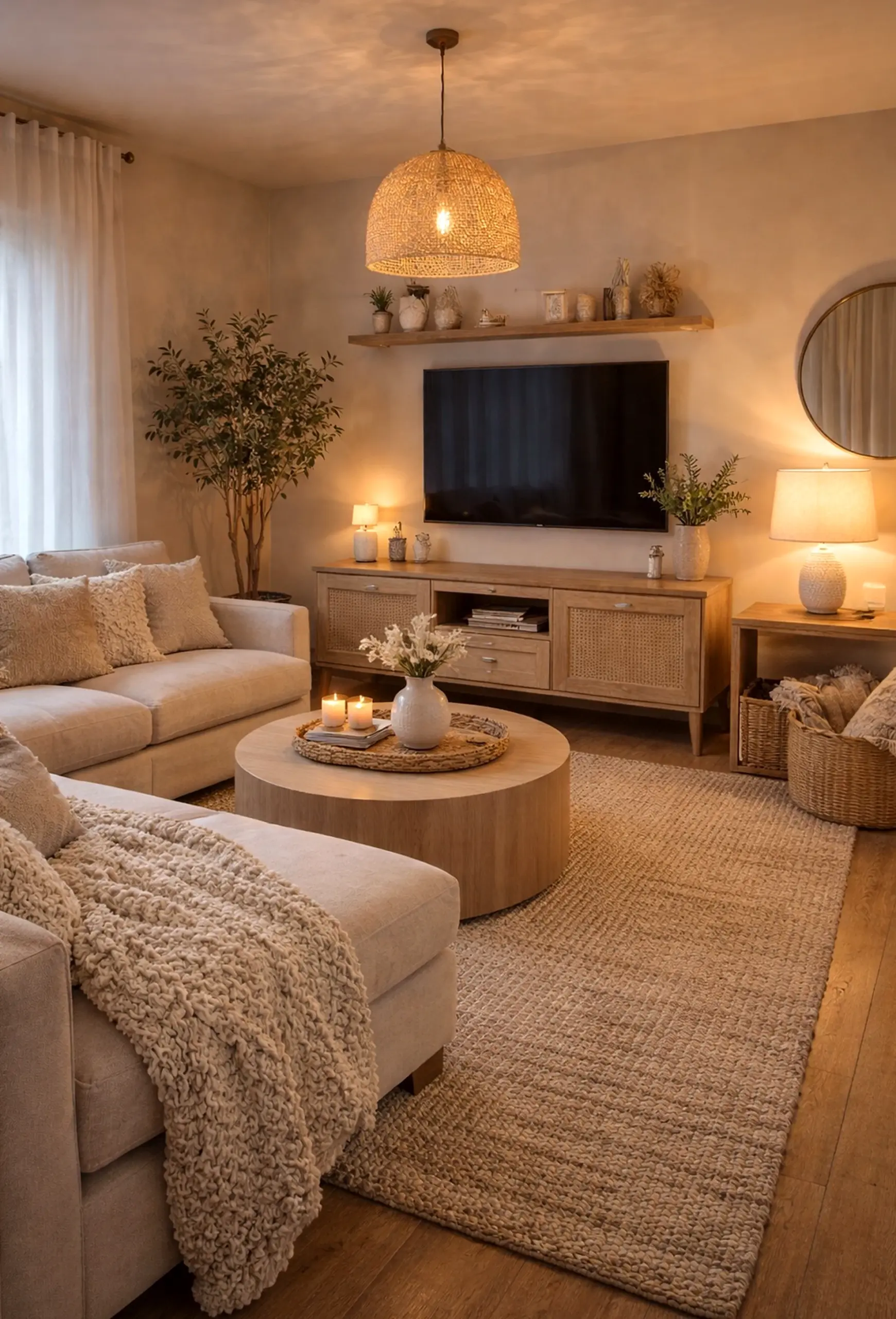 Warm floral bed brings a useful note of personality, making the sitting area feel quietly finished.