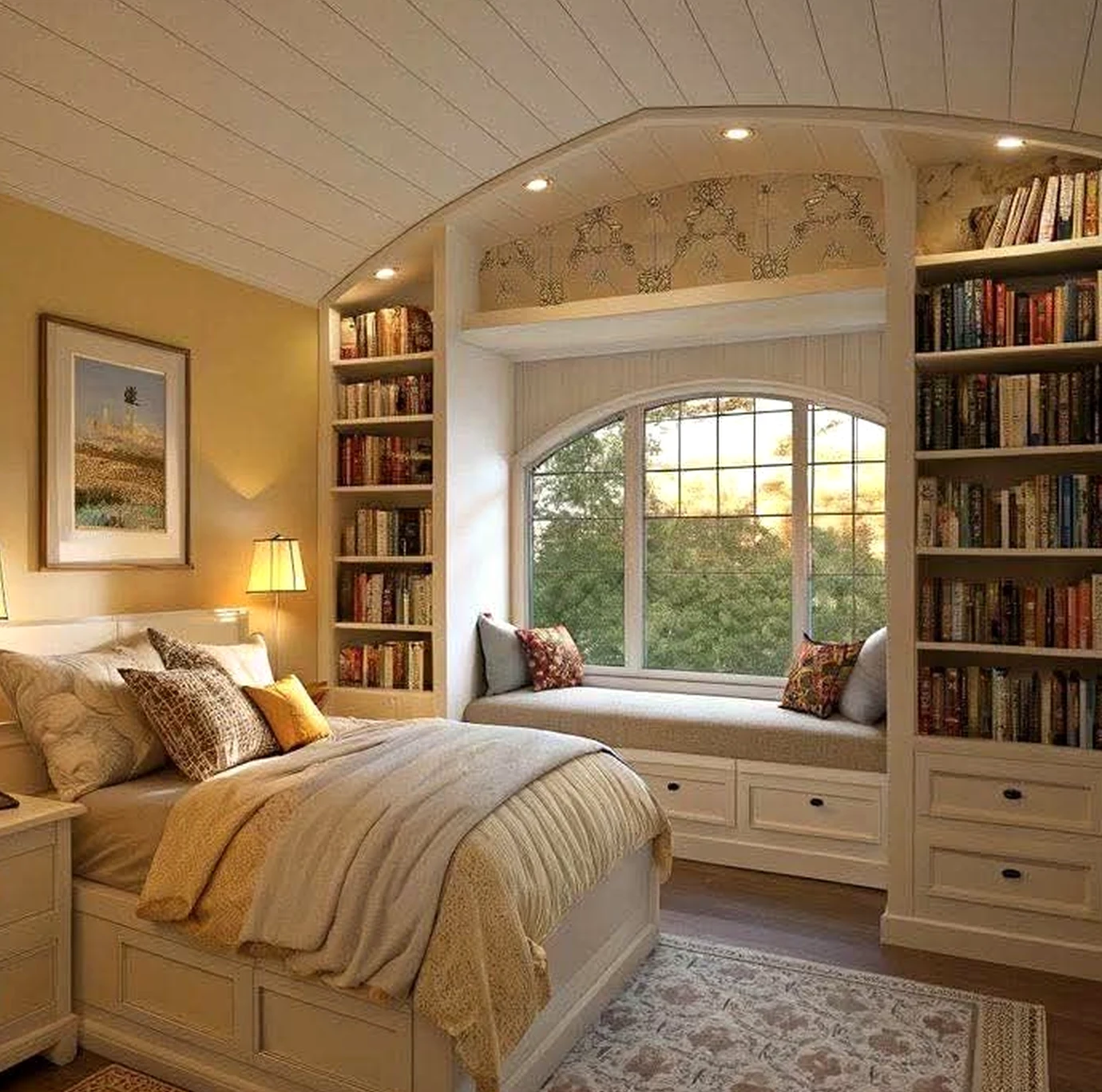 Open bedside layer supports the outdoor space through contrast, leaving the space feeling warm without clutter.