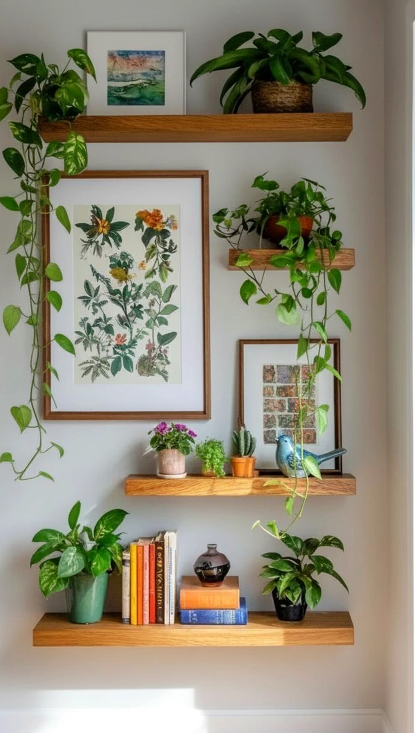 Layered plant shelf gives the design more depth, so the whole view feels personal and relaxed.