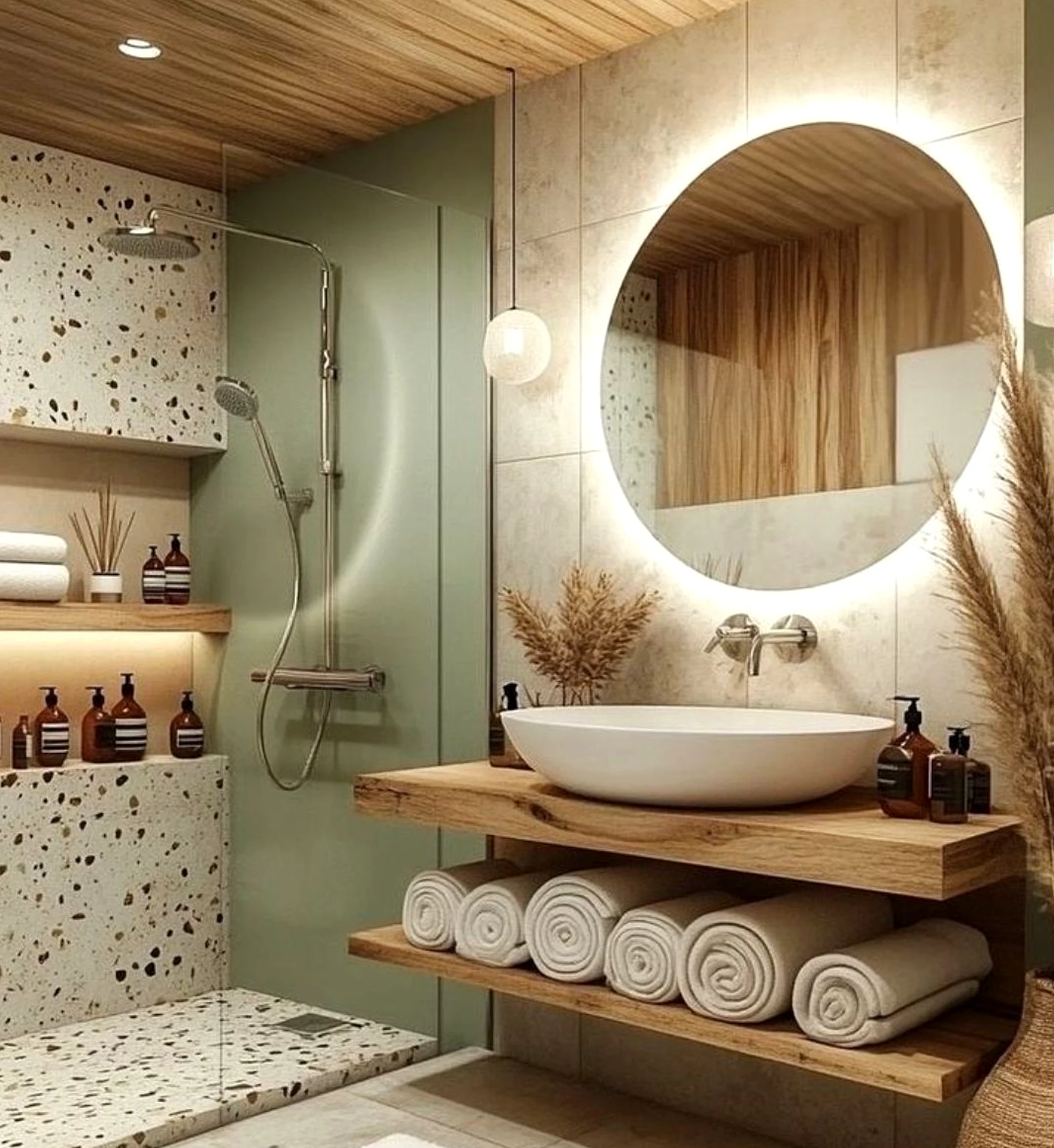 Quiet shower wall introduces ease into the garden edge, keeping the atmosphere pleasantly composed.