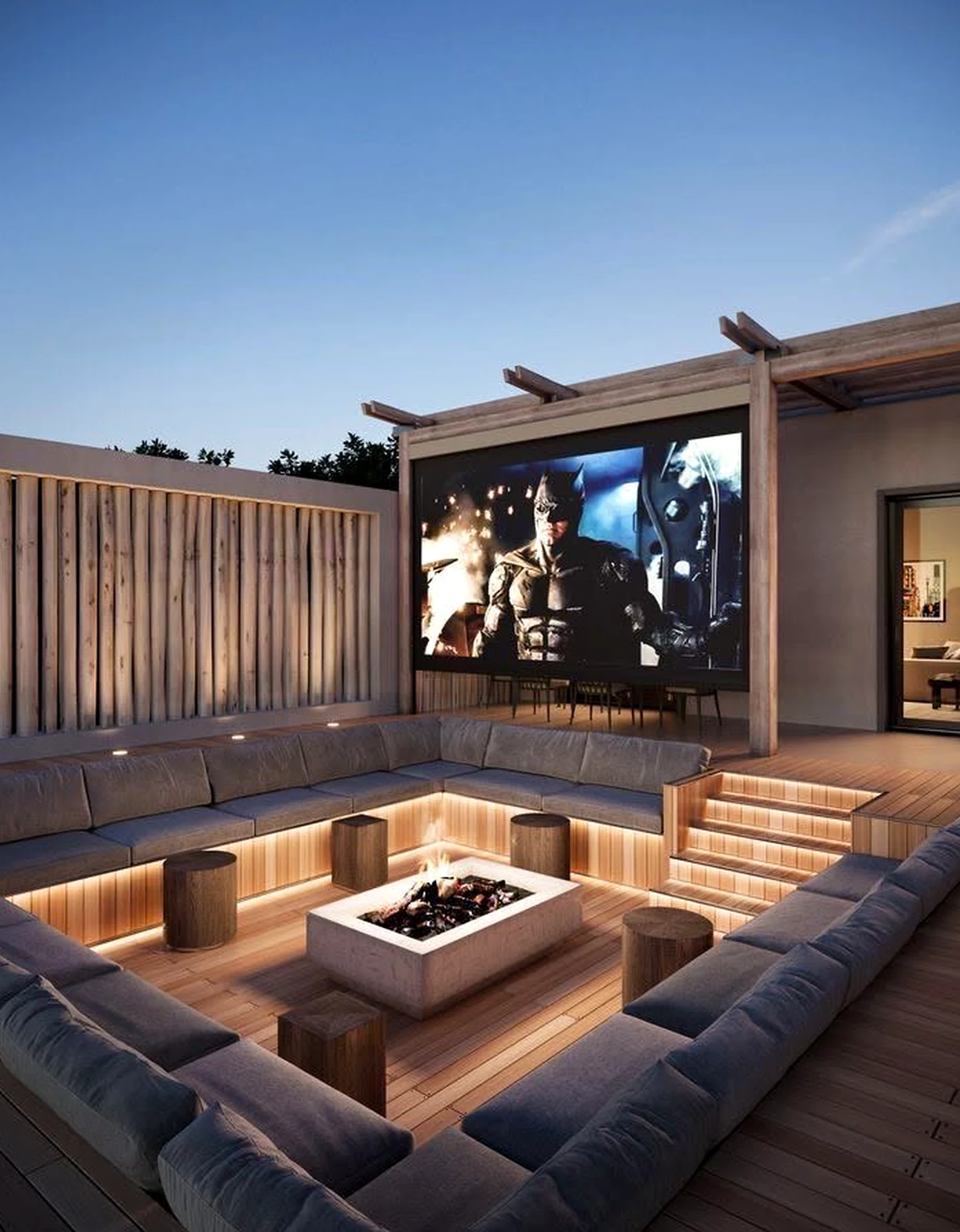 Compact neutral bedroom gives the outdoor space more shape, so the whole view feels warm without clutter.
