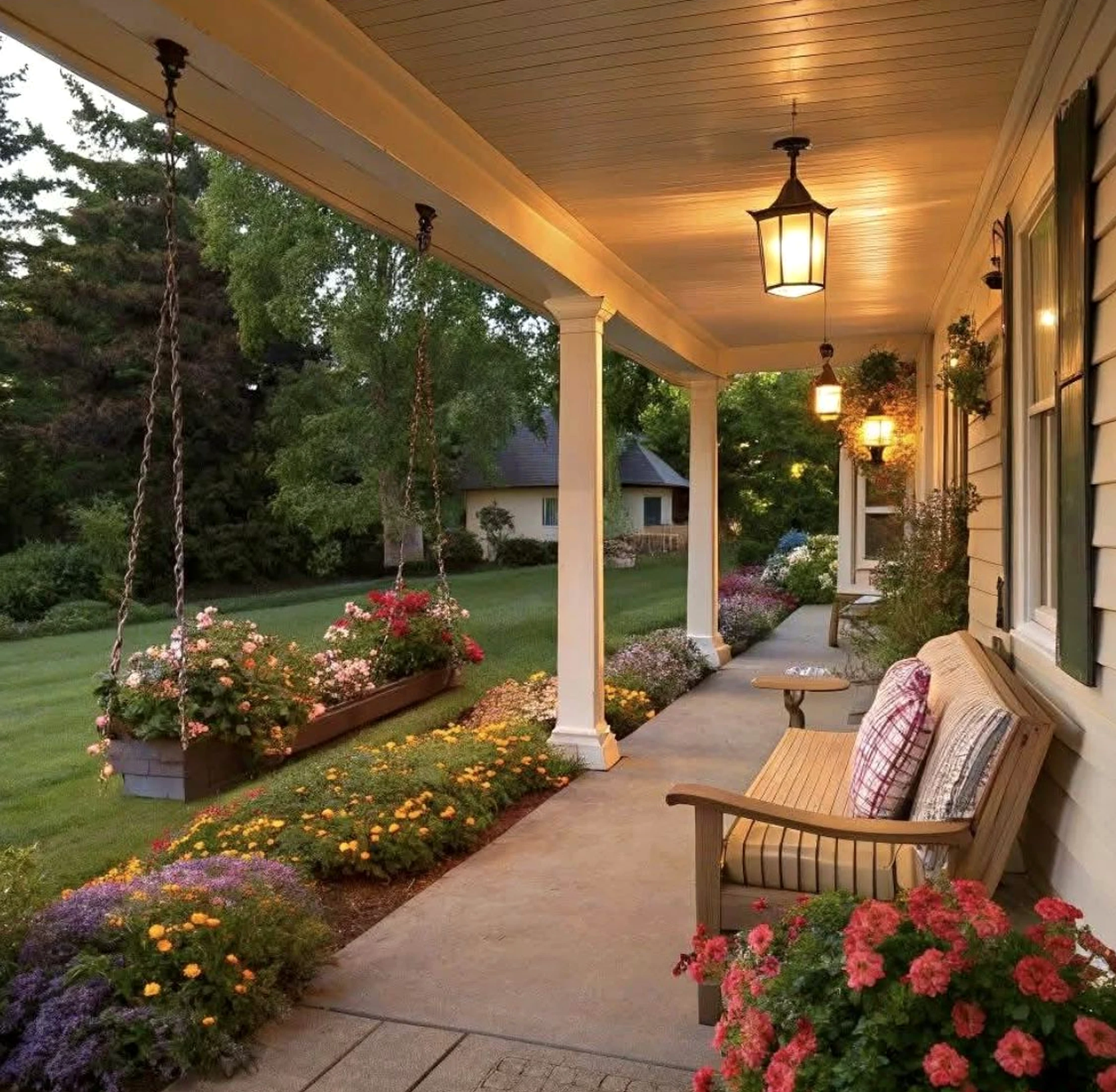 Textured stone path adds detail across the entry, giving the decor a finish that feels quietly finished.