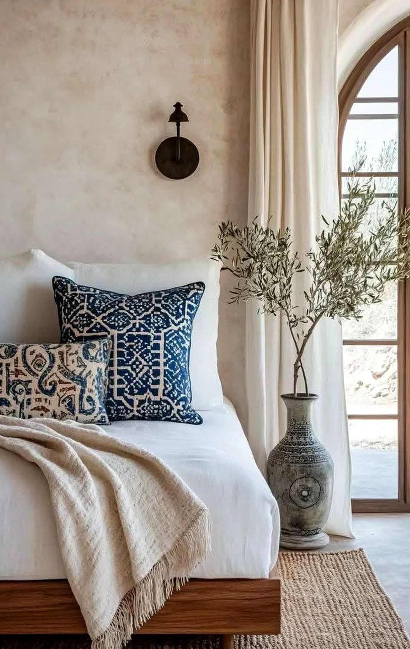 Soft floor pattern frames the wall with focus, making the scene feel bright but not busy.