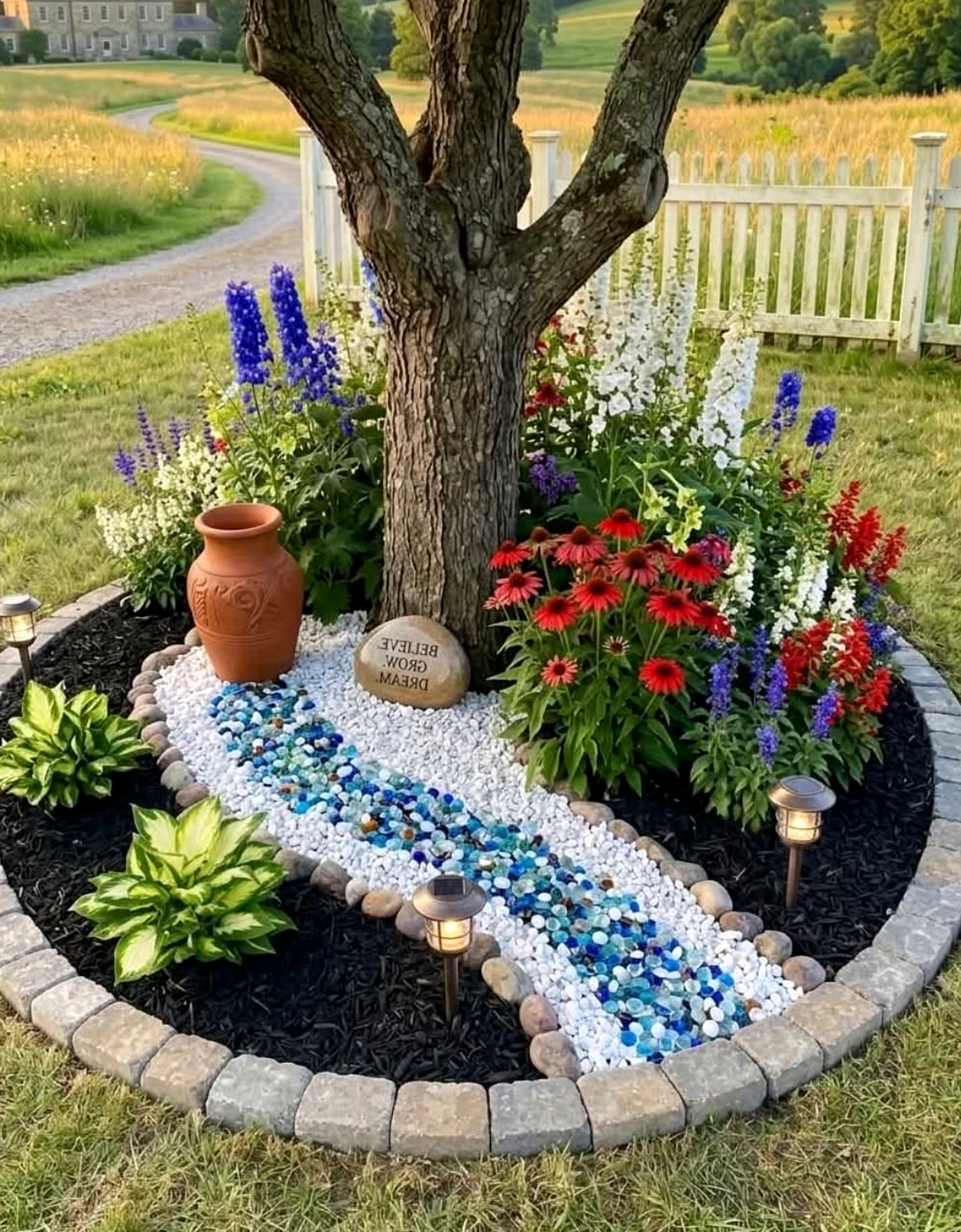 Warm dining setup brings a useful note of rhythm, making the garden edge feel bright but not busy.
