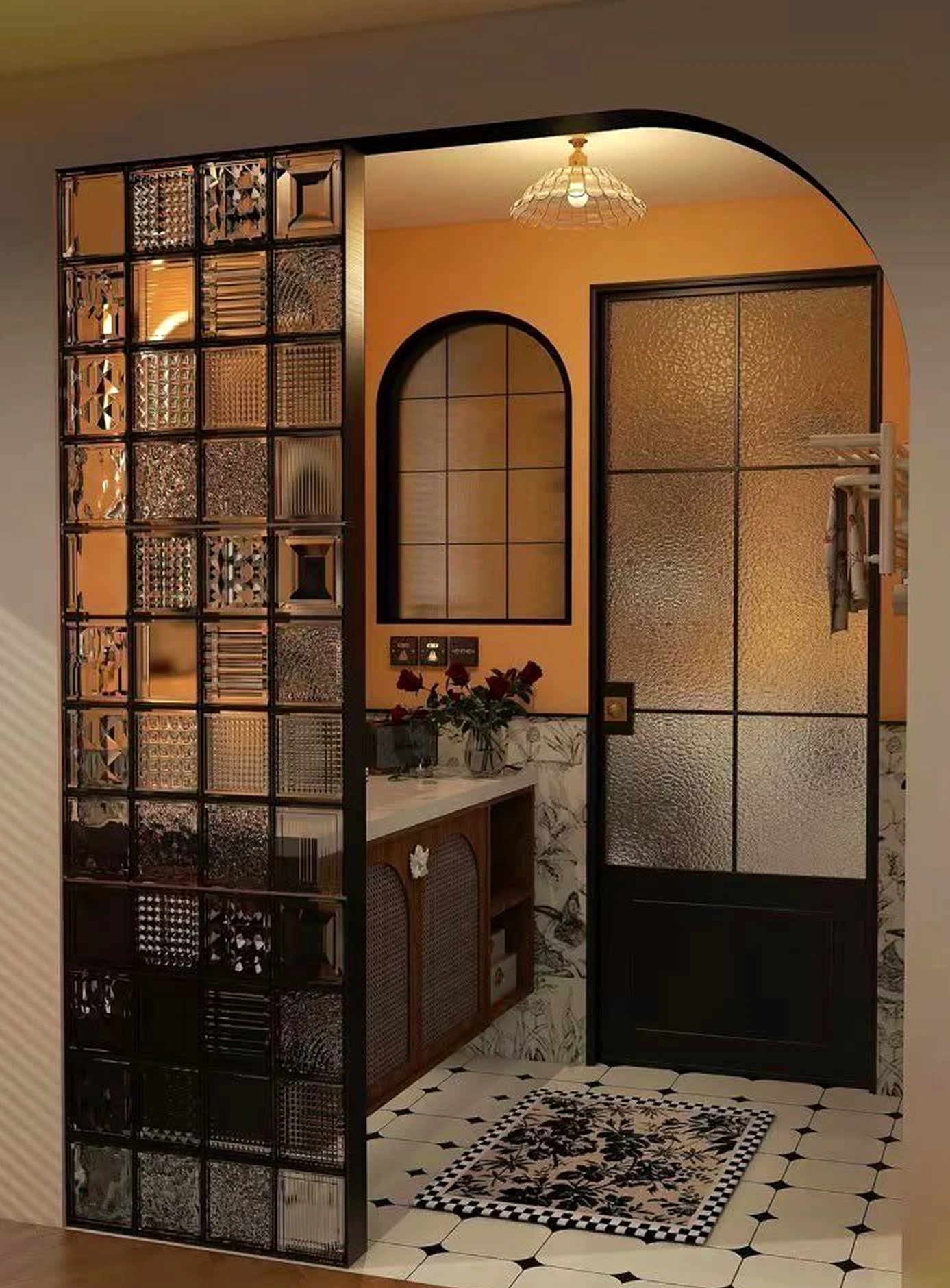 Balanced storage corner introduces charm into the wall, keeping the atmosphere warm without clutter.