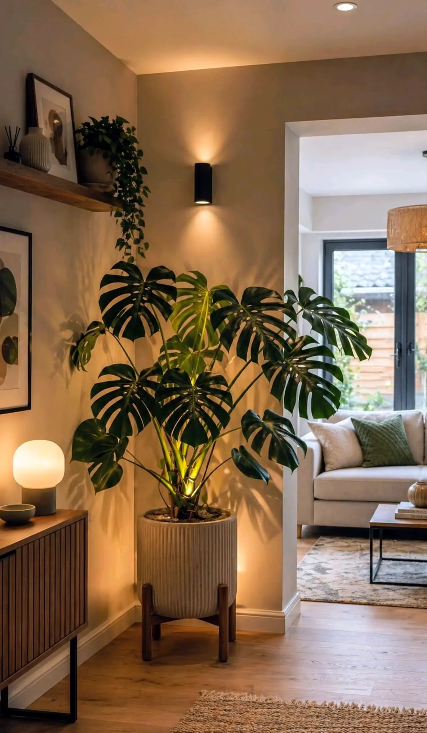 Sculptural garden seating adds warmth across the corner, giving the decor a finish that feels clear and inviting.