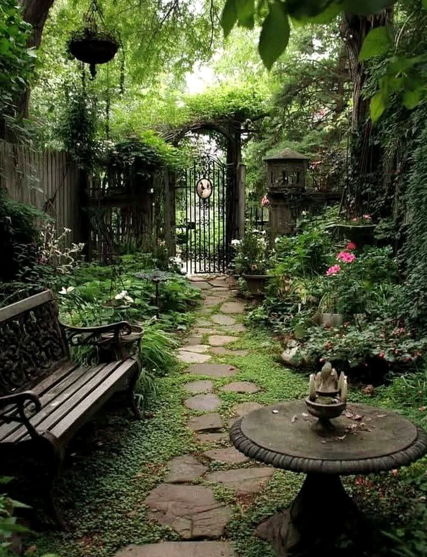 Subtle lamp detail anchors the garden edge with clarity, giving the view a mood that feels pleasantly composed.