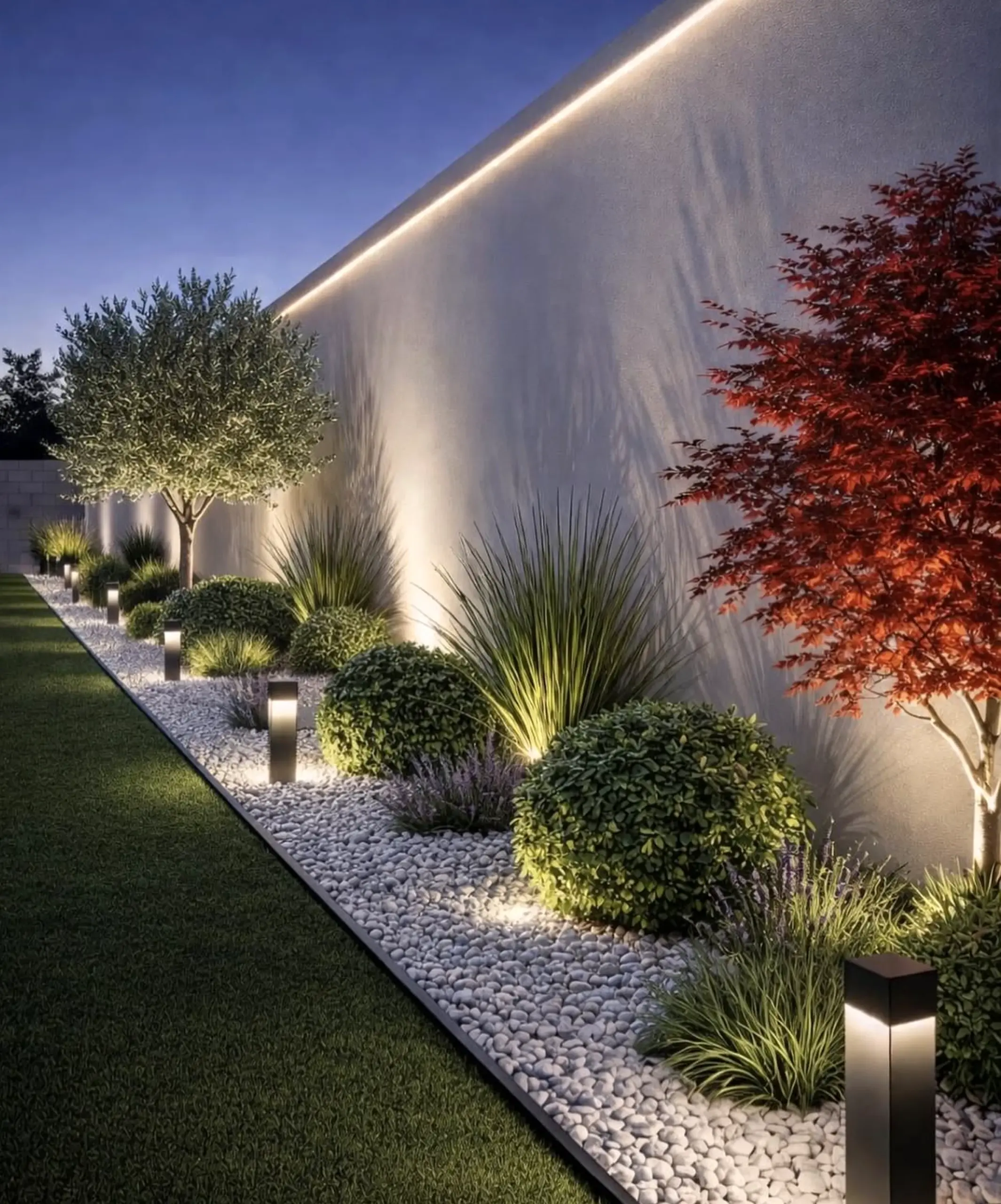 Calm stone terrace gives the wall more warmth, so the whole view feels personal and relaxed.