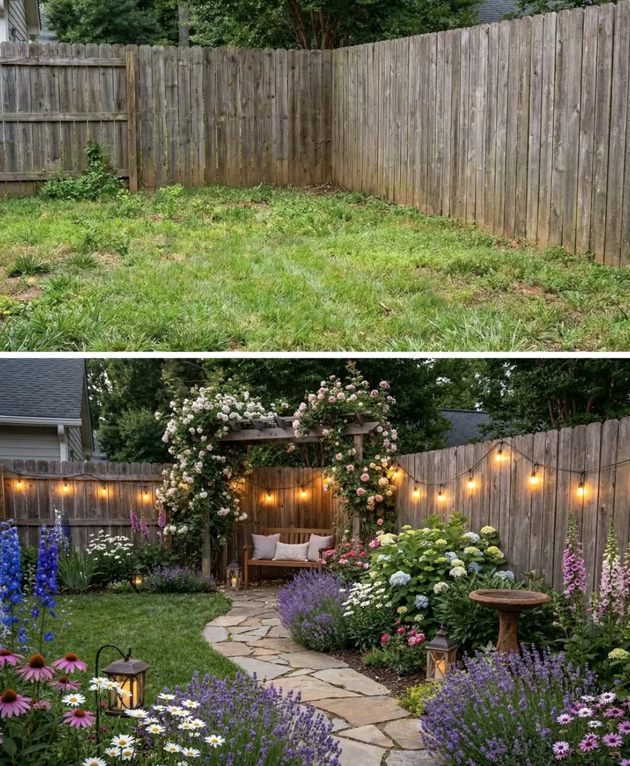 Crisp garden border frames the room with comfort, making the scene feel bright but not busy.