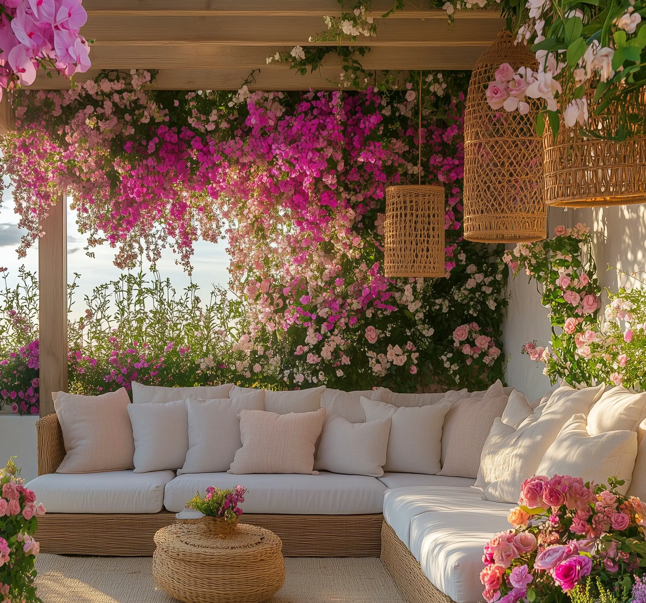 Graceful plant shelf frames the room with depth, making the scene feel personal and relaxed.