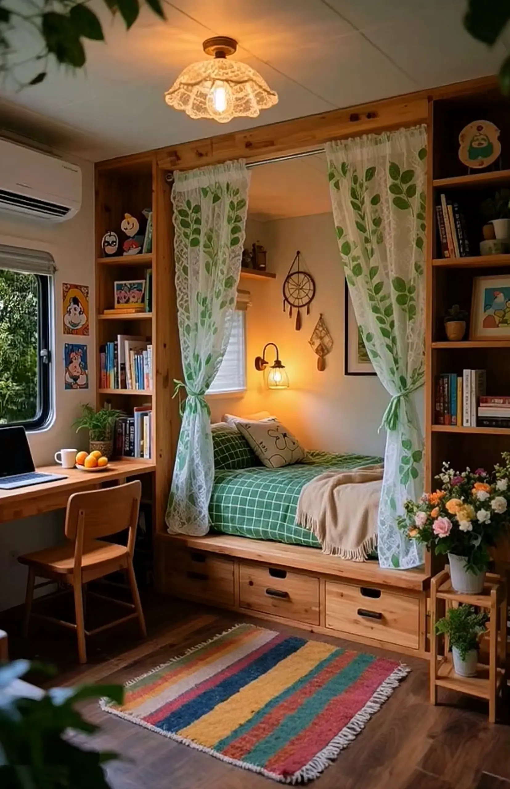Earthy cabinet wall adds warmth across the table, giving the decor a finish that feels ready for quiet use.