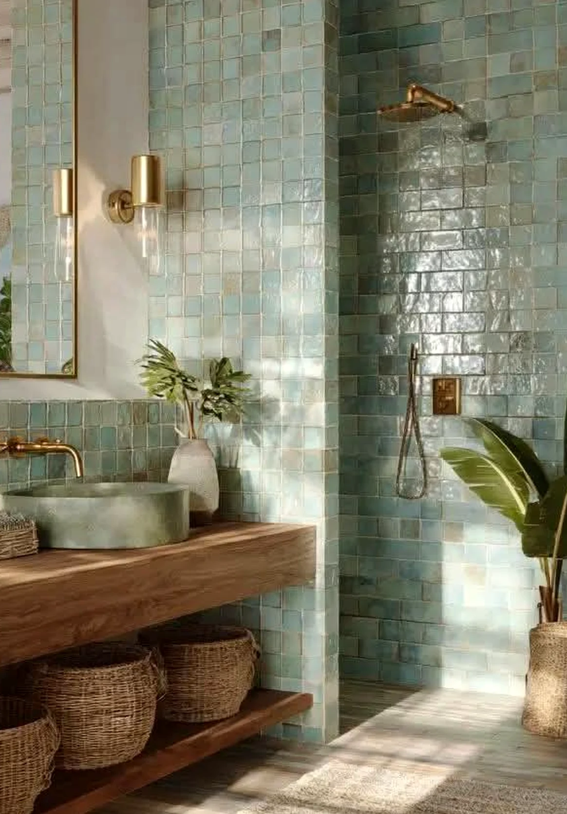 Earthy cabinet wall gives the wall more softness, so the whole view feels visually grounded.