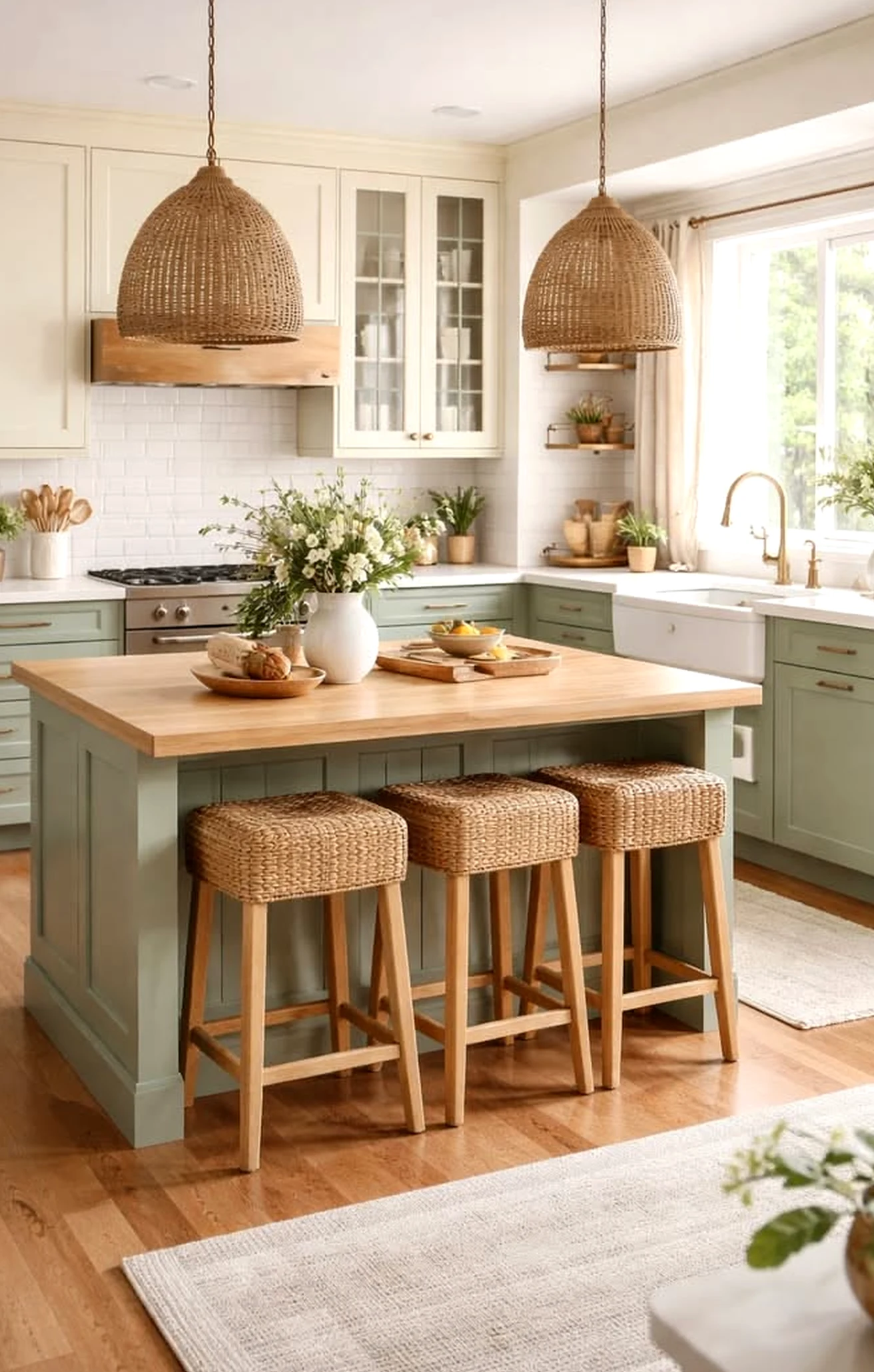 Open woven chair supports the backdrop through shape, leaving the space feeling open and lived-in.