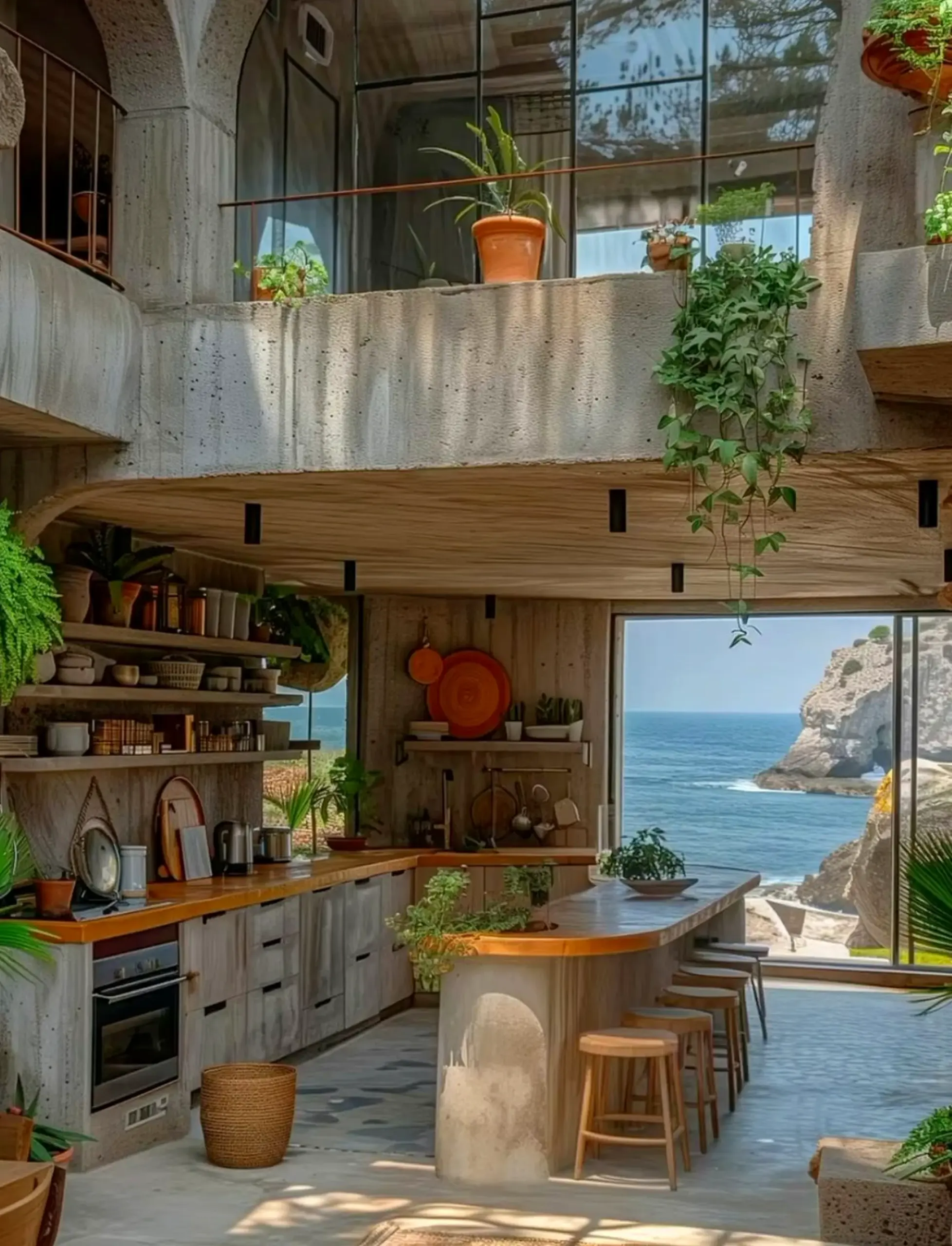 Earthy greenhouse corner frames the table with freshness, making the scene feel clear and inviting.