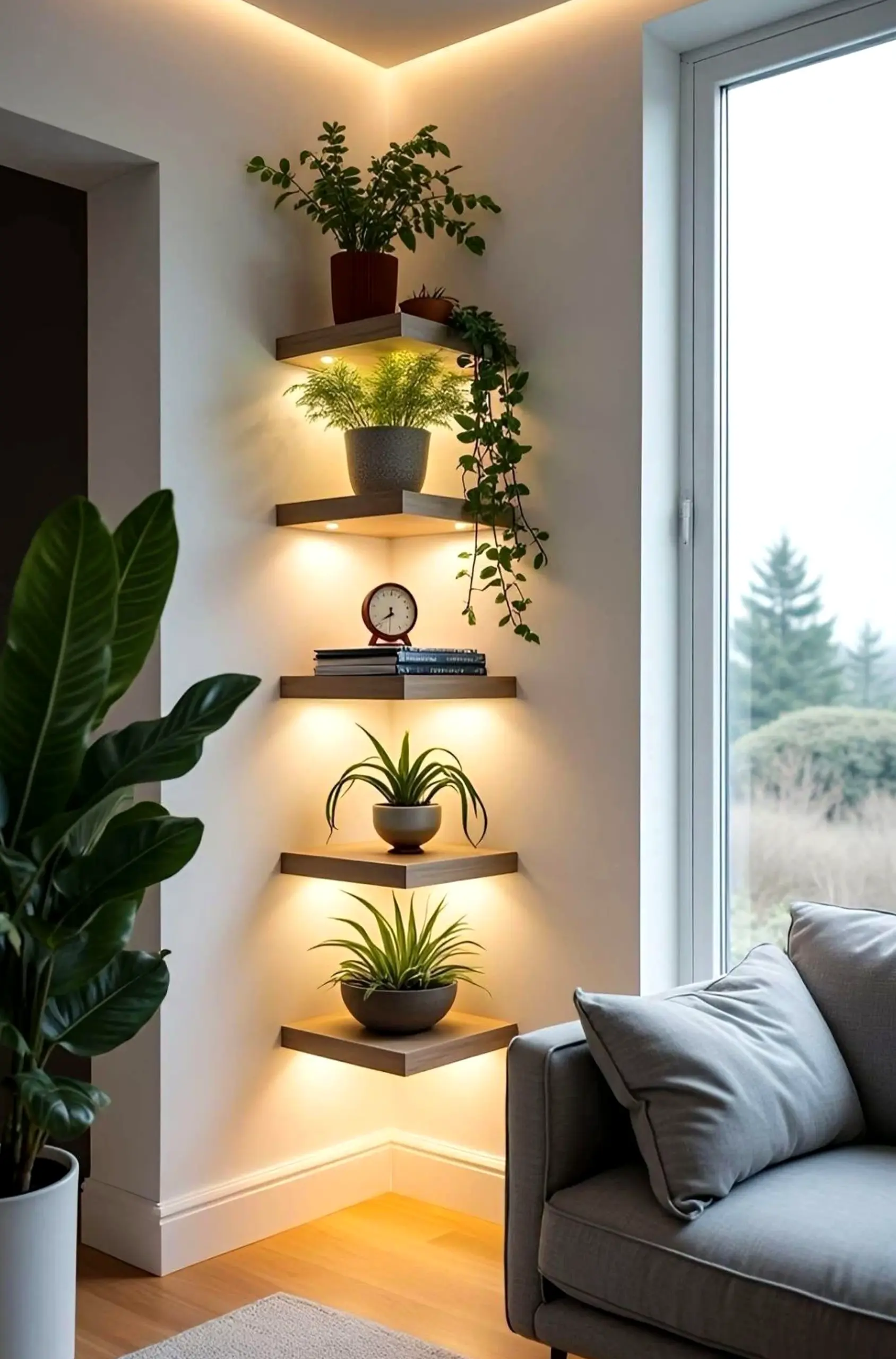 Sculptural decorative mirror adds comfort across the corner, giving the decor a finish that feels settled and welcoming.