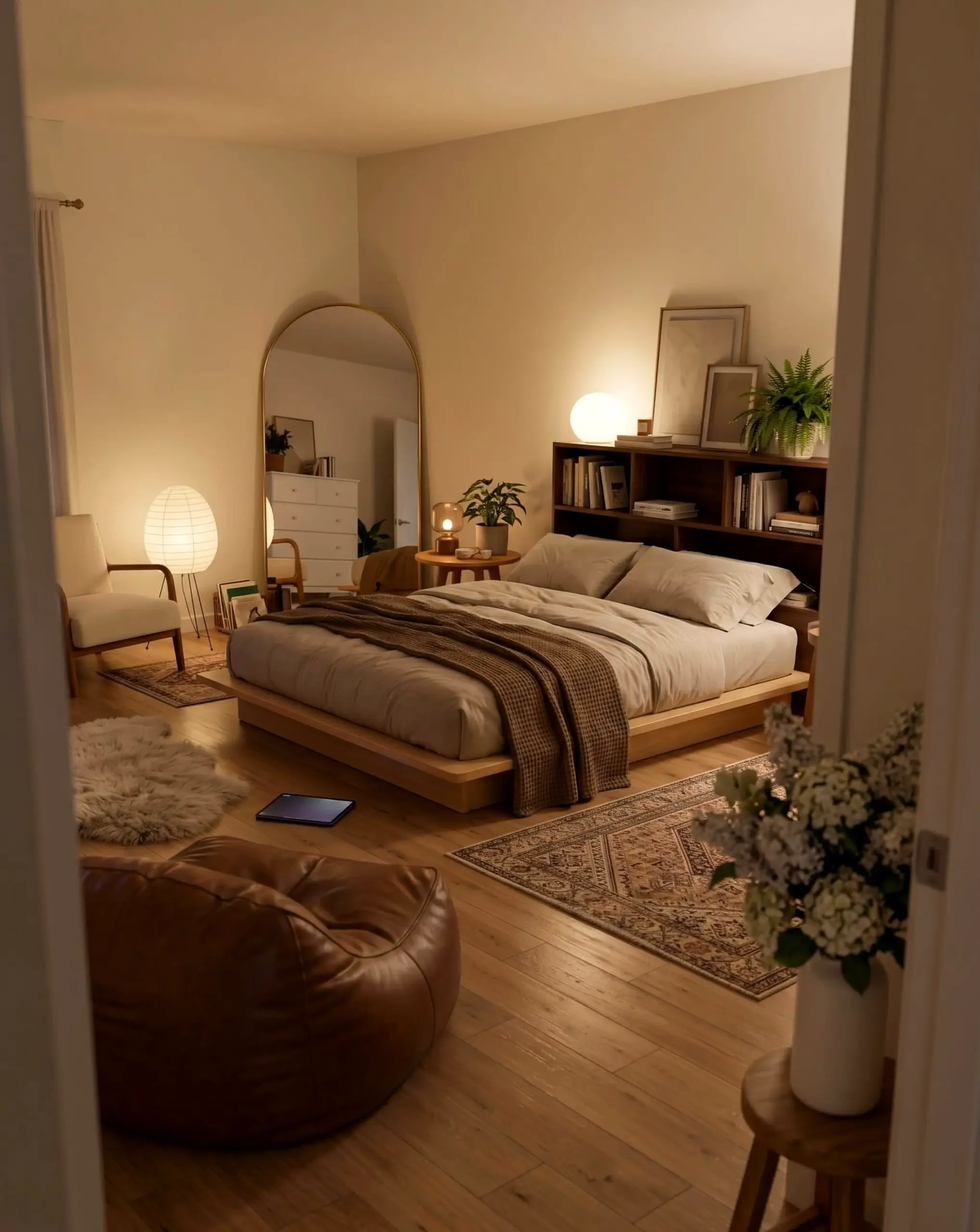 Graceful neutral bedroom brings charm to the arrangement, creating a mood that feels fresh and intentional.
