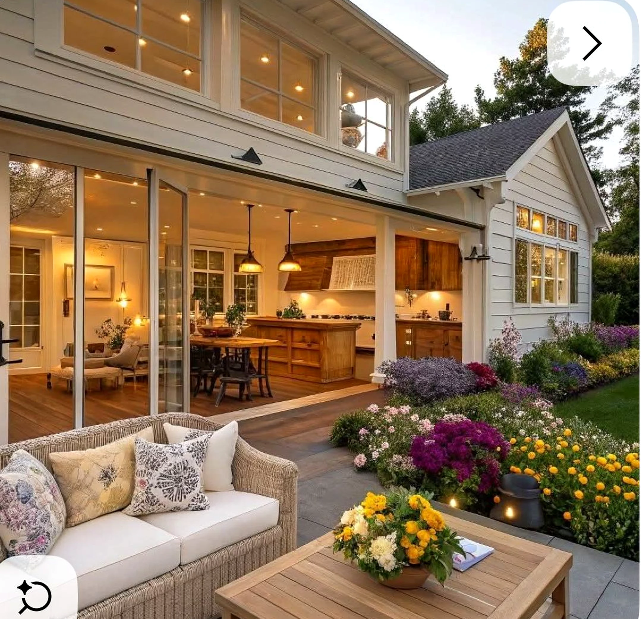 Warm breakfast table brings a useful note of light, making the garden edge feel pleasantly composed.