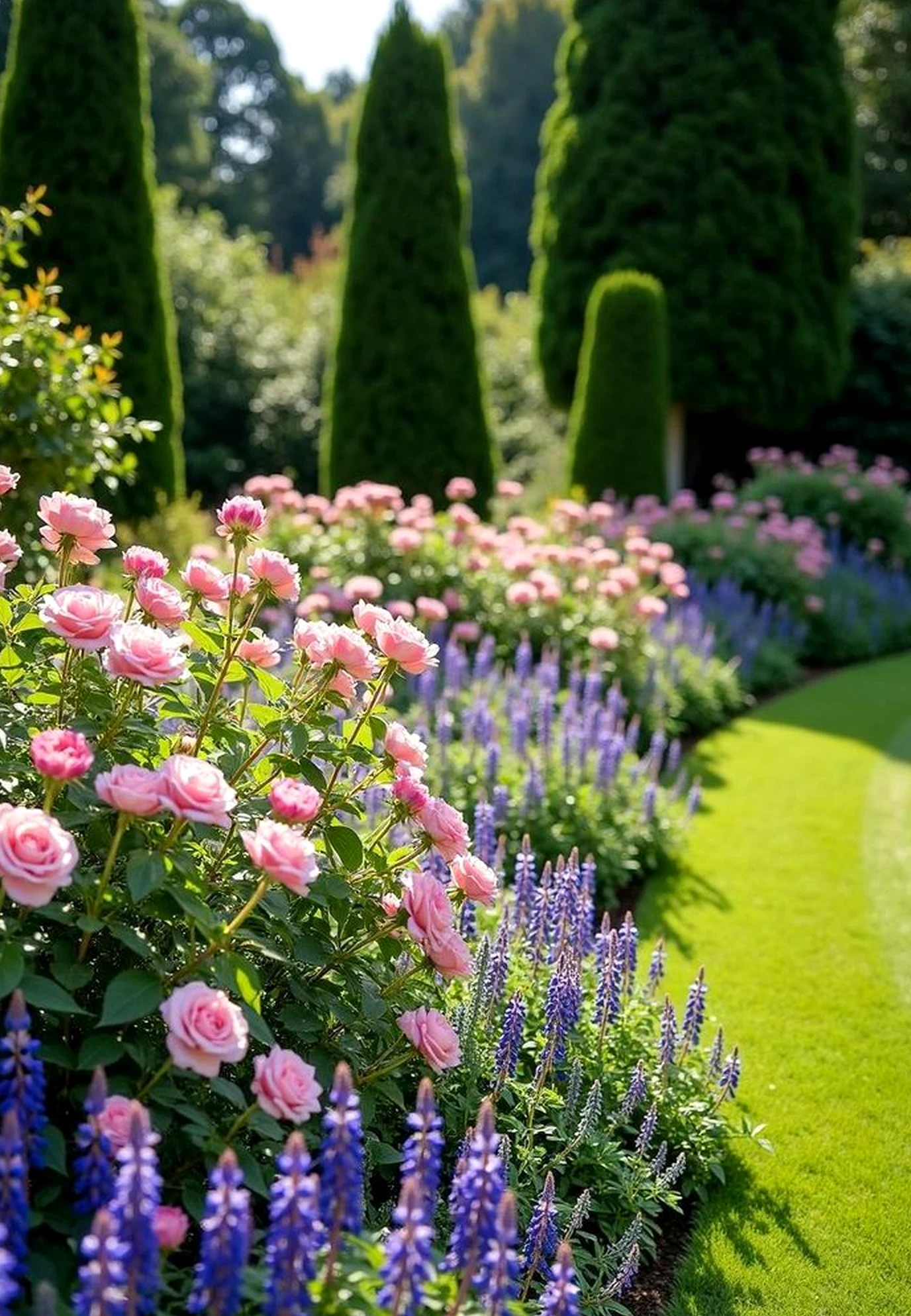 Graceful garden seating frames the outdoor space with focus, making the scene feel fresh and intentional.